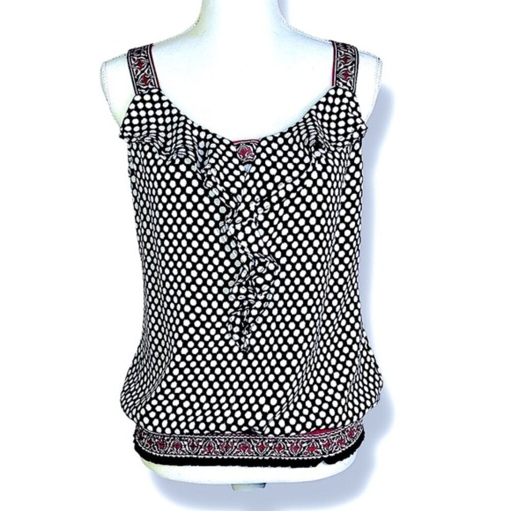 White House Black Market Polka Dot Ruffle Smocked Blousy Tank Top Black White SM - Picture 16 of 16